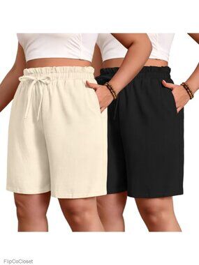 Plus Size Linen Bermuda Shorts with Pockets Drawstring High Rise 2 Pack